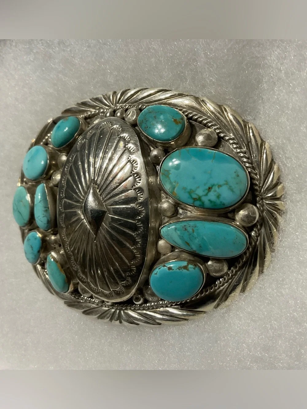 Stover Paul Sterling Navajo-Style Belt Buckle‎ Turquoise Cabochons